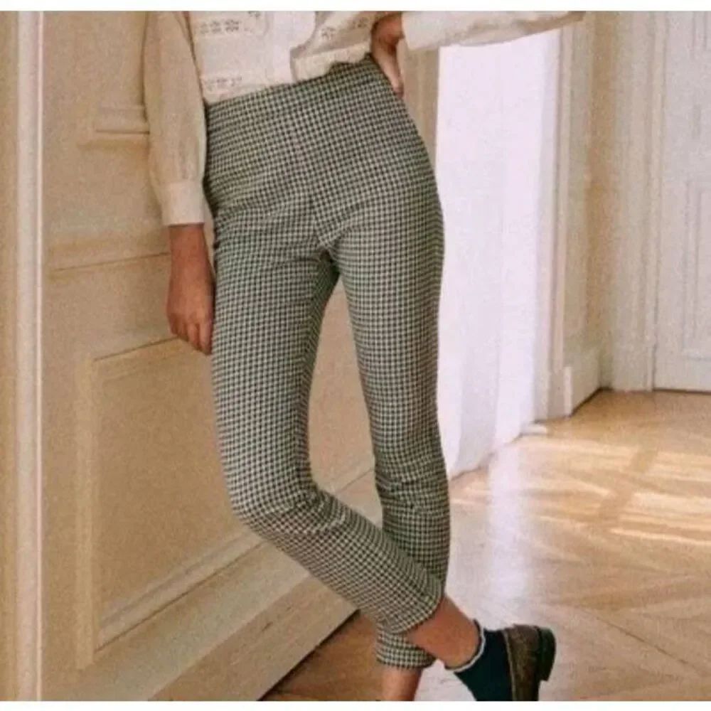 SEZANE CLARA TROUSERS Houndstooth ECRU BLACK SIZE 34/US 2